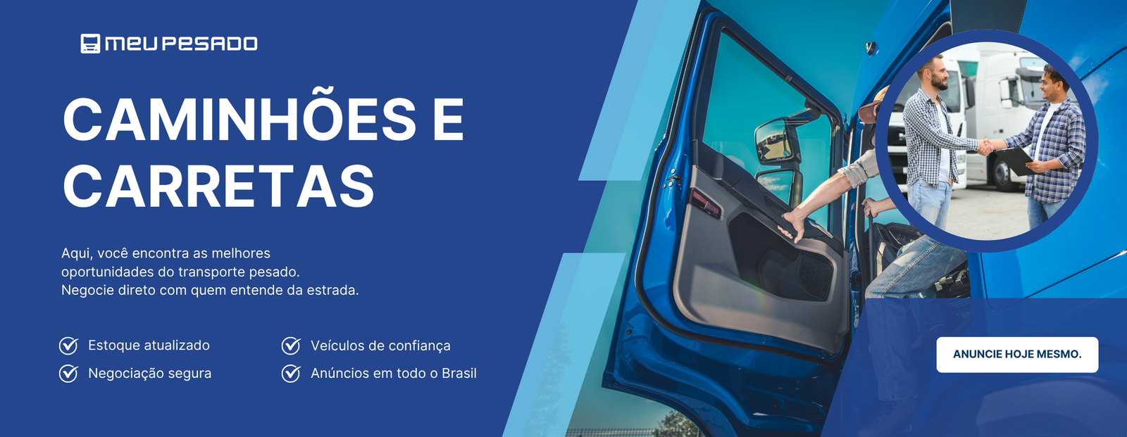 Caminhão azul com porta aberta e dois homens apertando as mãos em negociação.